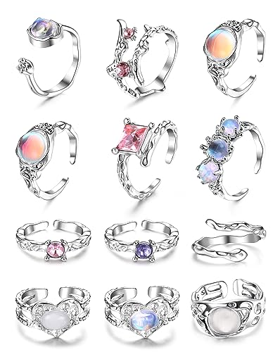 FIBO STEEL 12Pcs Y2k Rings Set for Women Grunge Jewelry Silver Adjustable Open Ring Moonstone Pearl Heart Cute Gothic Goth Aesthetic Y2k Accessories Stacking Rings Set Style2