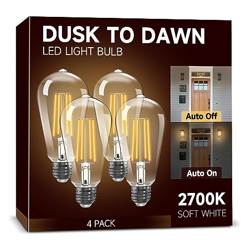 UNILAMP Dusk to Dawn Light Bulbs, Outdoor Light Bulbs, ST64 6W Equivalent 60W, 2700K Soft White, 600LM LED Outdoor Lighting, E26 Base, Photocell Sensor, Auto On/Off Bulb for Porch Patio Garage, 4 Pack
