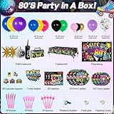 HJINGY 80s Party Decorations, 80s 90s Theme Birthday Party Supplies Includes Inflatable Radio Boombox & Mobile Phone, Back To The 80's Backdrop, Tablecloth, Plates, Napkins, Hip-Hop Cake Toppers