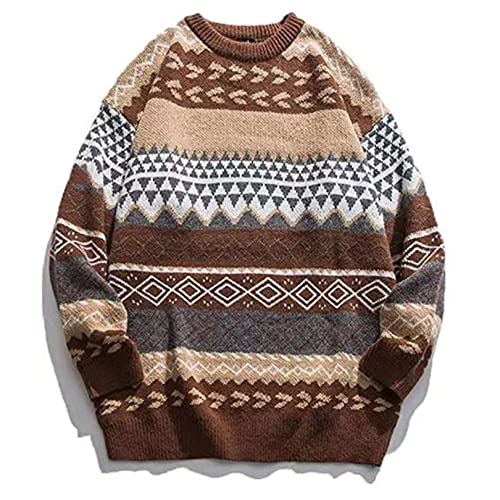PEHMEA Men's Vintage Striped Sweater Oversized Crewneck Long Sleeve Knitted Pullover Jumper(Coffee-S)