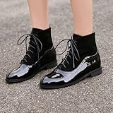 Sailimy Women's Black Genuine Leather Suede Ankle Boots Low Heel Oxford Flat Short Boots Perforated Lace Up Booties Brogue Wingtip Derby Saddle 6.5