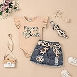 CETEPY 9-12 Months Baby Girl Clothes Newborn Romper Ruffle Sleeve Short Jeans Skirt with Headband Infant Outfits Set Sunflower Leopard 9-12 Months