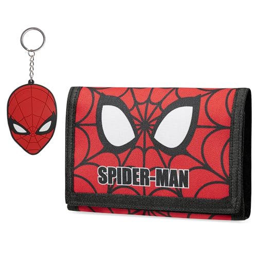 Marvel Spiderman Boys Wallet and Keychain Avengers Trifold Wallet with Card Slot Coin Purse Kids Gifts Set (Red Spiderman)