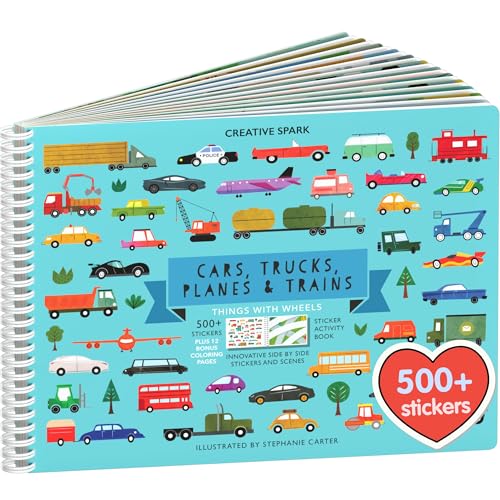 Sticker Book for Kids 2-4, 500+ Kids Stickers, Cars, Trucks, Planes & Trains 12 Coloring Pages 12 Side by Side Scenes, Fun Toddler Travel Activity Coloring and Sticker Books for Ages 4-8 + 8-10