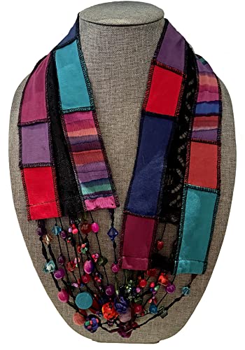 Women's Recycled Handmade Jewel Colored Patchwork Silk Infinity Scarf Necklace with Non Precious Beads by LRW DESIGNS