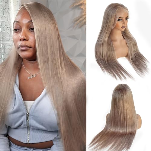 Ash Blonde Lace Front Wig Human Hair, 30 Inch Ash Blonde HD Lace Frontal Wig 13x6 Pre Plucked Colored Wigs for Black Women 100% Real Human Hair Full Straight Blonde Lace Front Wigs 180% Density