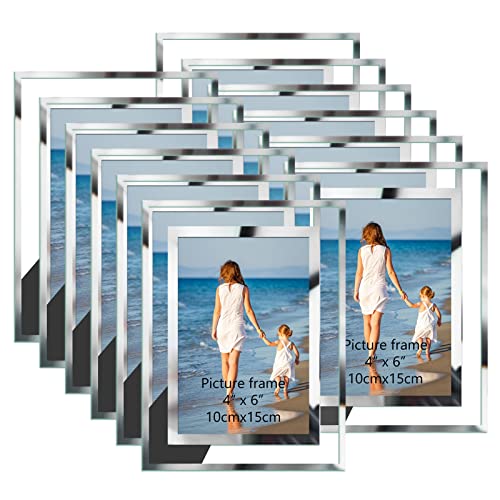 Hoikwo Bulk 4x6 Picture Frames, 12 Packs Silver Photo Frames 4 by 6, Glass Wedding Frames 4x6, Clear Mirror Wedding Photo Frames, Only for Tabletop Display Vertically or Horizontally
