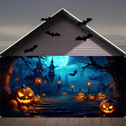 Halloween Decorations Garage Door Cover, Large Hanging Backdrop Door Cover Halloween Garage Wall Decorations for Outdoor Home Yard Garage Door Decorations Party Photo Backgrounds