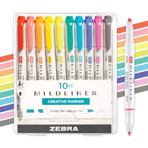 Zebra Pen Mildliner Double-Ended Highlighter Set, Broad and Fine Point Tips, Ideal for Bible Highlighting, No Bleed, Assorted Refresh and Friendly Ink Colors, 10-Pack (78501)