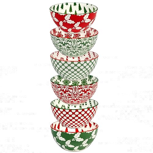 Winter Medley 13 oz All Purpose Bowls – Set of 6 Porcelain Holiday Serving Bowls for Ice Cream, Snacks, or Sides – Festive Assorted Designs for Christmas Entertaining