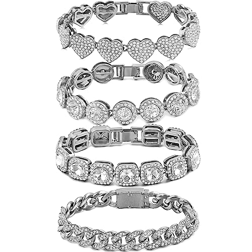 shopbyskyler 4PCS Gold Bracelets for Women Silver Clustered Tennis Bracelet for Women Heart Round Diamond Cuban Bracelet Layered Link Bracelet Set Fashion Jewelry for Women Set (Silver, 7.5inch)