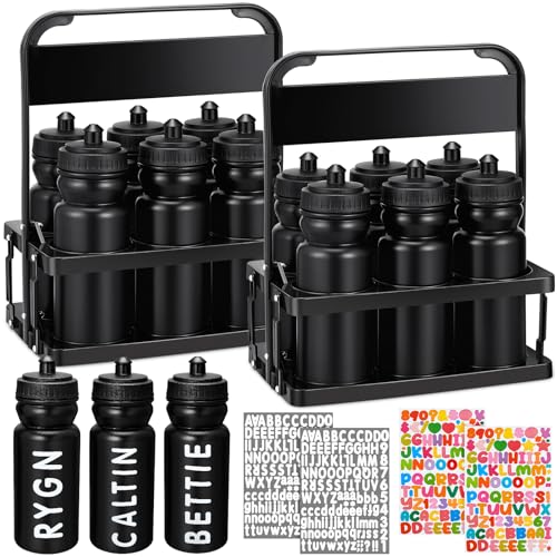 Suclain 14 Pcs Water Bottle Carrier with 20 Oz Bottles and Stickers Plastic Wide Mouth Sports Water Bottle Squeeze Team Bottles with Black Lid for Fitness Bike Gym (Black)