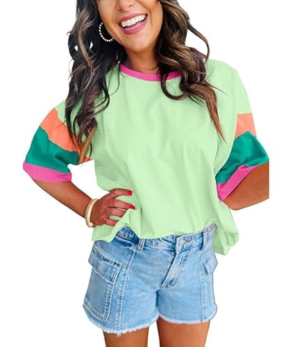 Womens Colorblock Summer Tops Crewneck Patchwork Short Sleeve T-Shirts Loose Casual Pullover Blouses Tees Green