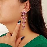 Kercisbeauty Pink Crystal Stars Pendant Long Earrings Statement Jewelry for Women Fashion Party (Pink)