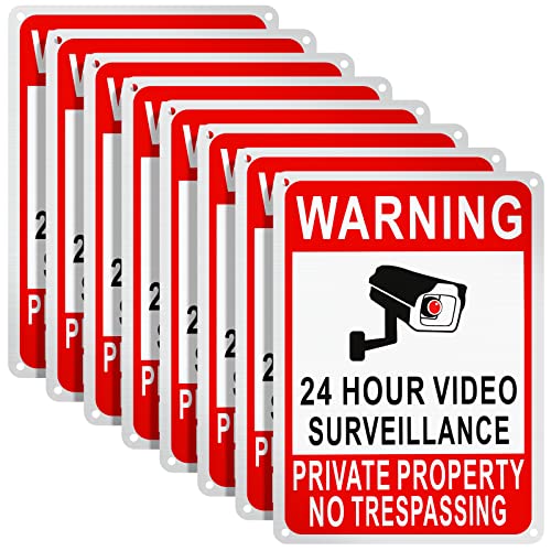 Kenning 8 Pack Private Property No Trespassing Sign 24 Hour Video Surveillance Reflective Aluminum Security Camera Plate Trespassers Will Be Shot Warning Signs for Home Safety, 7 x 10''