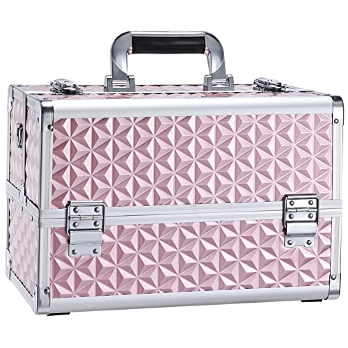 Joligrace Makeup Train Case Professional Cosmetic Organizer Aluminum Storage Box with 4 Adjustable Dividers Trays Lockable Portablewith Shoulder Strap - Neutral Pink