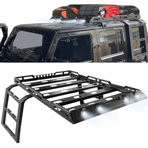 Partree Roof Rack with Ladder Fit for Jeep Wrangler JK 2007-2018 4 Doors w/2 Ladder & 4 LED Lights & Cargo Net Hard Top Roof Rack Cargo Basket Luggage Carrier Cargo Rack (You Will get 2 Packages)