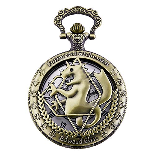 MORFONG Pocket Watch Fullmetal Alchemist Edward Elric Anime with Fob Chain Necklace Box, Bronze