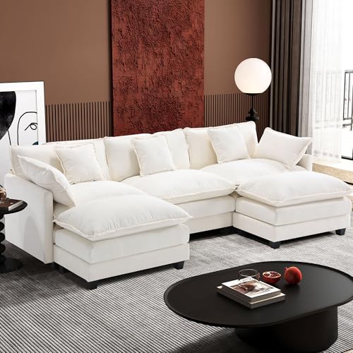 Ihanherry 111.4" U Shaped Cloud Couch Modern Modular Sectional Sofa with 2 Ottoman, 5-Seat Chenille Deep Seat Sofa with 5 Pillows for Living Room, Bedroom and Apartment, Beige