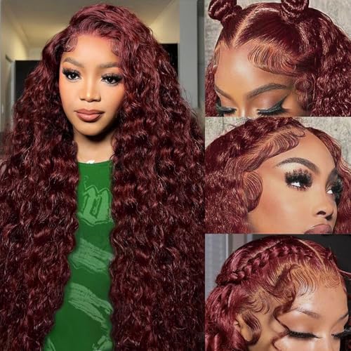 30 Inch Reddish Brown Lace Front Wigs Human Hair 13x6 Reddish Brown Curly Lace Front Wig 180 Density 33# Deep Wave HD Lace Frontal Wigs Human Hair Pre Plucked for Women Auburn Colored Human Hair wig