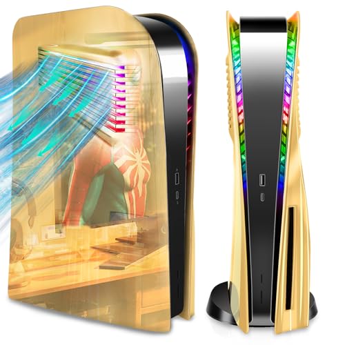 PS5 Plates Console Accessories with Cooling Vent and RGB LED Light Strip for PlayStation 5 Disc Edition, SIKEMAY PS5 Cover Face Plates Hard Shockproof Side Shell Skin, 8 Colors 400 Effects - Gold