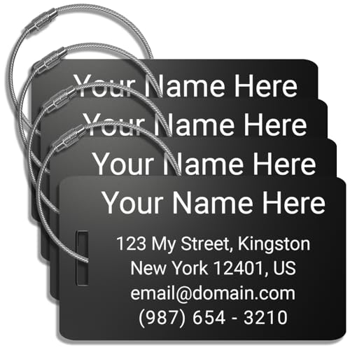 Heavy Duty Personalized Luggage Tags for suitcases - Handmade Customized Laser Engraved Metal Luggage Tags with Stainless Steel Wire Loops Pack of 4 (Black, 2x3.5)