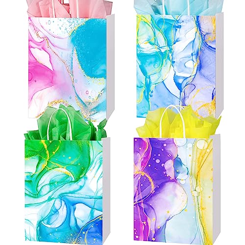 PINWATT 24Pcs Marble Gift Bags with Tissues - 9" Colorful Party Bags with Handles, Suitable for kids girls Birthday Parties, Wedding, Shopping, Baby Shower (4 Assorted Designs)