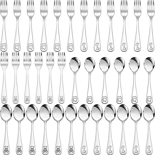 36 Pcs Kids Silverware Set Toddler Utensils Stainless Steel Safe Forks and Spoons 16 Kids Forks 16 Kids Spoons Children Metal Cutlery Set Baby Flatware Sets (Silver)