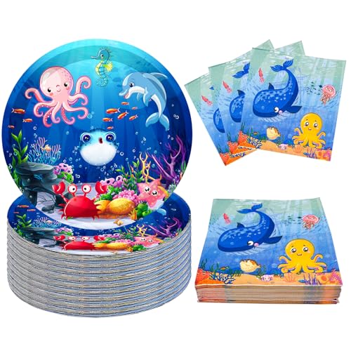 80Pcs Under the Sea Party Supplies Ocean Sea Life Party Set 7"Ocean Animal Paper Plate Ocean Napkins for Sea Horse Puffer Fish Octopus Marine Animals Theme Under The Sea Party Decorations|Serve 40