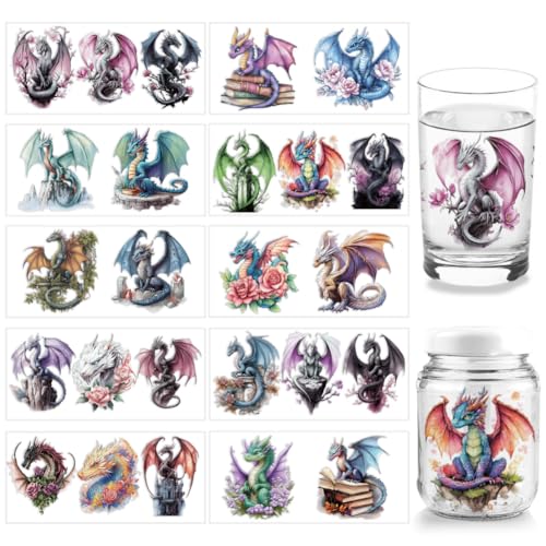 arricraft 10 Pcs Dragon UV DTF Cup Wrap Transfer Sticker, 10 Styles Flying Animal Transfer Paper Rub on Stickers PVC Cup Wrap Waterproof Rub Decals for Desk Cup Glass 24x11cm/9.4x4.3inch