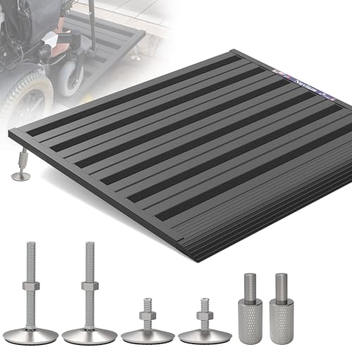 Nuvium Threshold Ramp for Doorways, Adjustable Height 2.6"-7.3" Aluminum Wheelchair Ramp with Heightening Screws and Swivel Angle Leg, 1100lbs Load Capacity, 30"Wide Curb Ramp for Trolley,Power Chairs