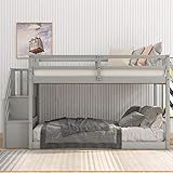 P PURLOVE Twin Over Twin Junior's Low Bunk Bed with Storage Stairs,Wood Floor Bunk Bed with Storage for Kids Teens,Floor Twin Size Bunk Beds with Slat, No Box Spring Need