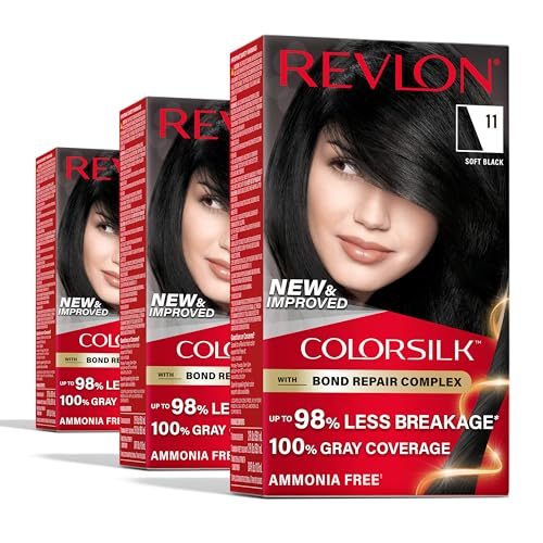 Revlon ColorSilk with Bond Repair Complex, Permanent Hair Color, 100% Gray Coverage, Ammonia Free Hair Dye, Vegan Keratin, 11 Soft Black (Pack of 3)