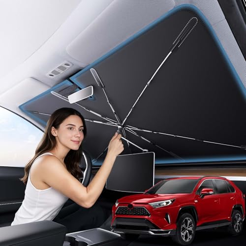 Zanch 2025 Upgraded Car Windshield Sun Shade [Cool Down by 75℉ ] with Heat Insulation Coating, Foldable Sunshade Umbrella Flexible Handle & Ribs, Medium (57''x32'') for Most Car, SUV, Truck, Van