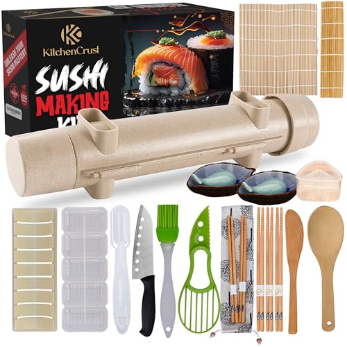 KitchenCrust Sushi Making Kit, 22-in-1 Sushi Bazooka Sushi Roller bamboo sushi rolling mat Includes Avocado Slicer, Sushi Knife, Sushi Mold, Chopsticks, DIY Kit Tool Sushi making set for Beginners