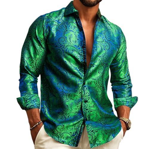 Barry.Wang Men Shirts,Paisley Flower Woven Silk Dress Shirt Green Teal Long Sleeve Formal/Leisure Wedding Party Prom St. Patrick's Day