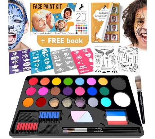 ADIS&GUYS Face Painting Kits for Kids 107-Piece Set with 20 Water-Based Colors, Hair Chalk, 40 Stencils, Brushes, and Quick-Dry, Non-Toxic Makeup for Sensitive Skin, Face Paint for Parties and Gifts.