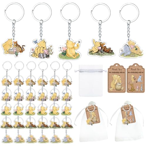 Ggjgrpx 90 Pcs Winnie Baby Shower Favors, 30 Cute Keychain, 30 Organza Bags, Thank You Kraft Tags for 30 Guests, Gender Reveal Birthday Party Supplies, Thank You Winnie Keychain for Party