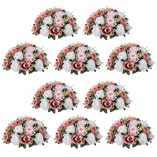 NUPTIO Large Flower Balls for Centerpieces - 10 Pcs 13.8in Diameter Dusty Rose & White Artificial Flower Ball Arrangement Bouquet Wedding Centerpieces for Tables - Fake Rose Flowers for Weddings Decor