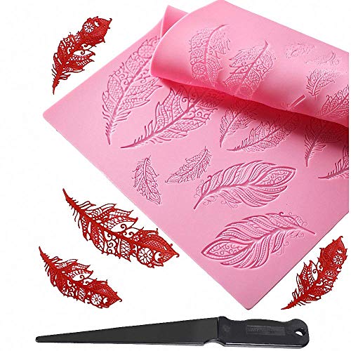 16 Inch Peacock Feather Silicone Lace Mat with Fondant Scraper, Texture Fondant Impression Embossing Decorating Mold Gum Paste Cupcake Topper Tool Icing Imprint Cake Sugarcraft Tools