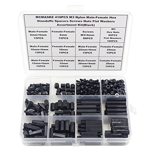 MCMASKE 410PCS M3 Nylon Male-Female Hex Standoffs Spacers Screws Nuts Flat Washers Assortment Kit (Black)