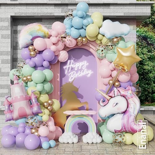 Enanal Pastel Unicorn Balloon Arch Kit, 156pcs Macaron Rainbow Balloons with Large Size Castle Unicorn Themed Foil Balloons for Girls Birthday Party Decorations Fairy Baby Shower Party Supplies