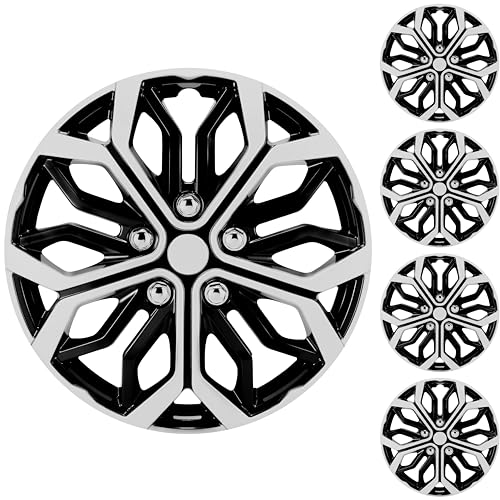 CROSS PIONEER 15 inch Hubcaps Set of 4 - Made in Taiwan - Universal Polished Black & Silver Wheel Covers - Fits Multiple Car Models Exterior Accessories for Car Enhance Your Car's Appearance