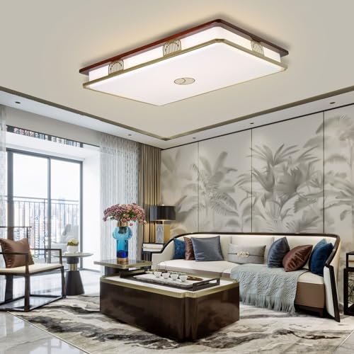 Dimmable Modern LED Ceiling Light, 38'' Large Rectangular Ceiling Lamps with Remote Control, Wood Flush 3000K-6000K Mount Light Fixtures for Living Room Dining Room Bedroom