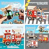 HUZU Emergency Vehicles 3D Puzzle Toy, Rescue Squad Wooden Snap Button Connection Building Blocks for Kids 3-8, Fire Truck Ambulance Police Car Helicopter Montessori Gifts for Preschool Children