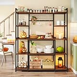 Tribesigns Large Bakers Rack, 55" Wide Kitchen Hutch Cabinet Microwave Stand with 11 Hooks, 5-Tier Baker’s Rack Kitchen Storage Shelf Rack with Hutch, Rustic Brown