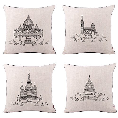 Queenie® - 4 Pcs Famous Landmarks in The World Thick Cotton Linen Decorative Pillowcase Cushion Cover Throw Pillow Case 18 X 18 Inch 45 X 45 Cm (World Cities Bundle Set of 4)