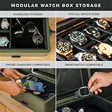 CASE ELEGANCE Military 10 Slot Watch Box Case Organizer for Men, Real Glass Top, Modular Valet Tray, Apple Watch Compatible with Apple Watch Stand, Accessory Drawer, Watch Pillow Stands