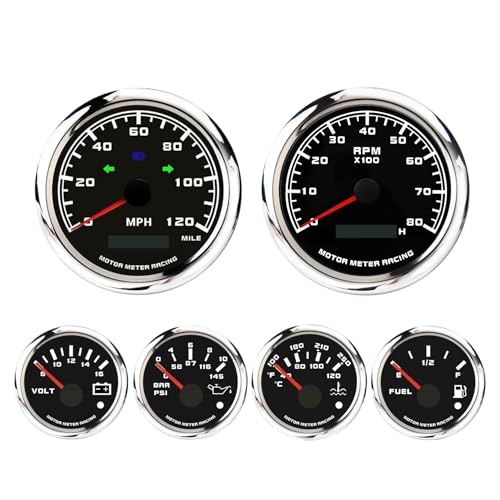 MOTOR METER RACING W PRO Series 6 Gauge Set - 85mm 3-3/8" GPS Speedometer with Turn Signal High Beam & Tachometer 52mm 2-1/16" Volt, Fuel Level, Water Temperature & Oil Pressure Black Dial White LED