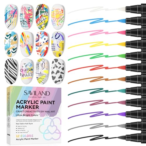 SAVILAND Nail Art Pens Set: 12 Colors Quick Drying Acrylic Paint Markers 3D Nail Polish Pens for Nail Art Color-fast Nail Point Dotting Drawing Painting Liner Pens Nail Art Design Tools Kit Home DIY